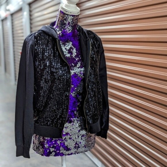Forever 21 Black Sequins Front Zip Up Hoodie Sweater Jacket - Picture 1 of 10